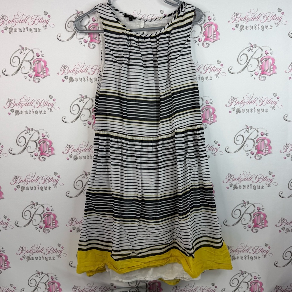 Talbots dress, ruffles stripes, Black, White, and Yellow Striped Midi Dress